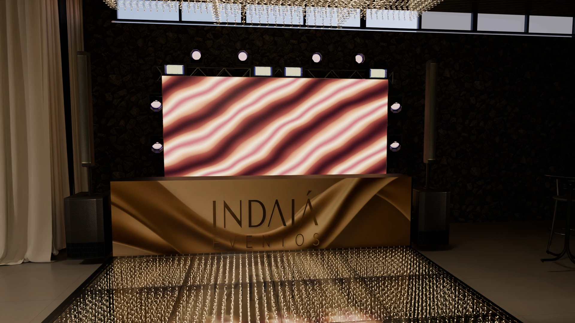 Telão audiovisual e pista de vidro espelhado com pontos de LED quentes no projeto de Casamentos em Itapema.